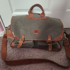 VTG Canvas Leather Trim Filson Style Duffle Bag Rugged Distressed Stained Travel